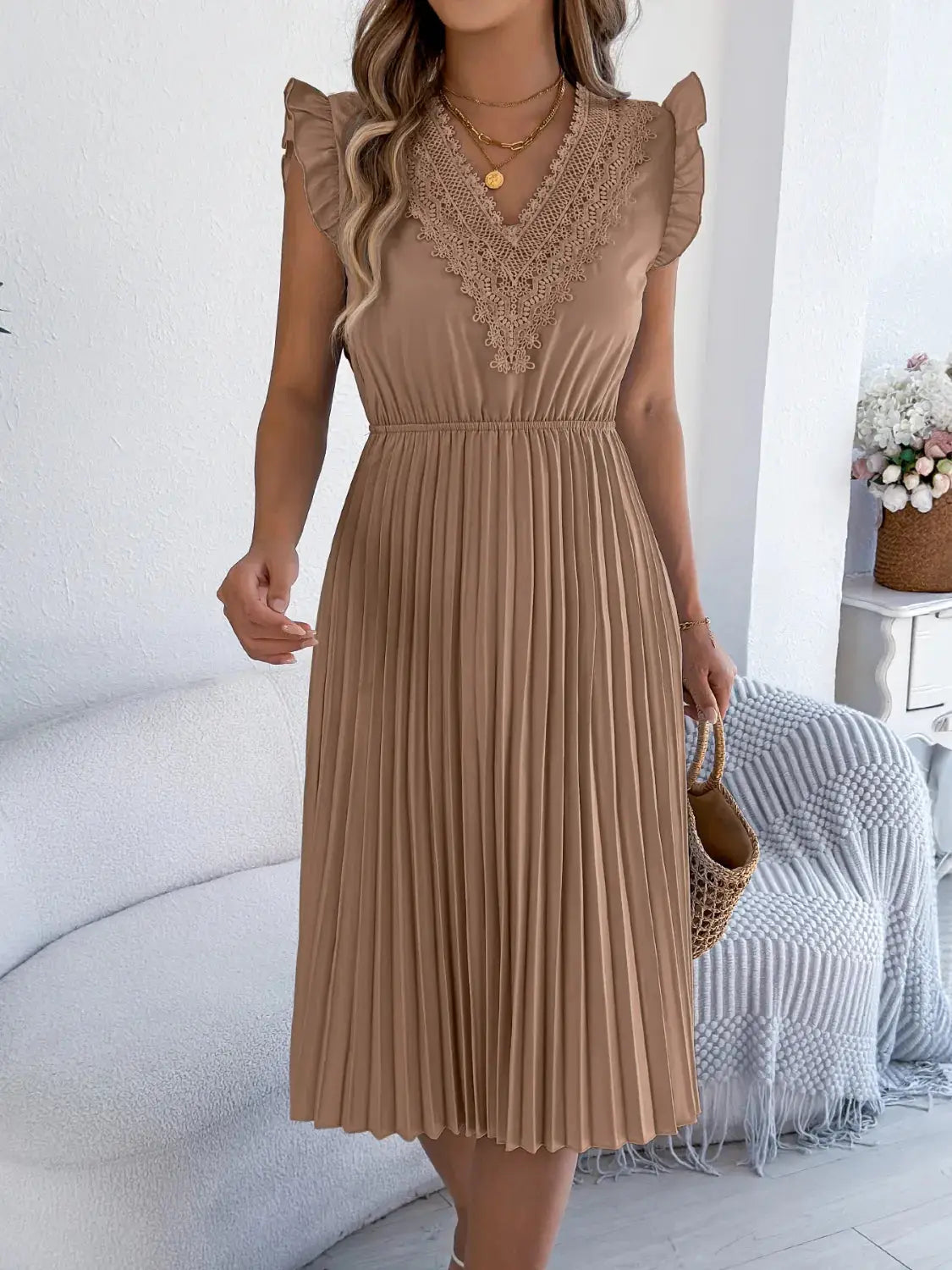 Lace Detail Ruffled Cap Sleeve Pleated Dress - Clothes For Her Online Store