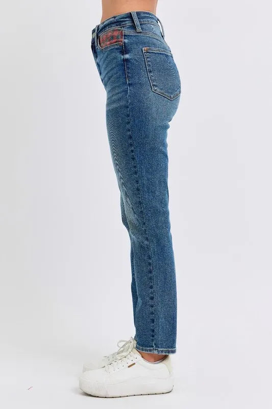 Judy Blue Full Size HW Plaid Patch Slim Fit Jeans Plus Size