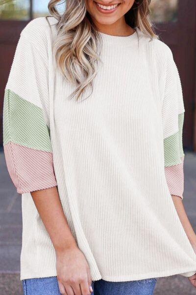 Color Block Ribbed Knit Three-Quarter Sleeve Top - Clothes For Her Online Store