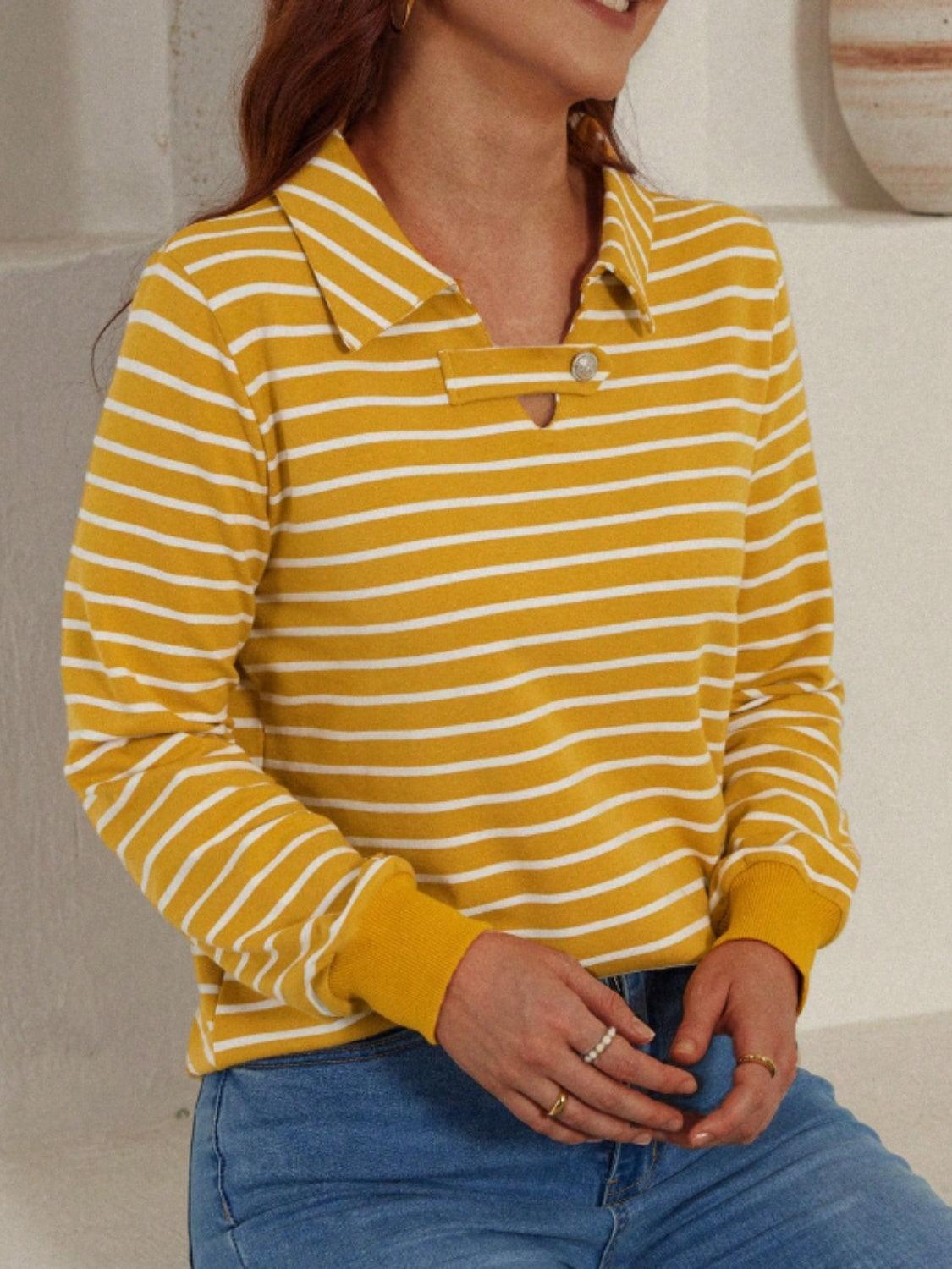 Striped Johnny Collar Long Sleeve T-Shirt - Clothes For Her Online Store