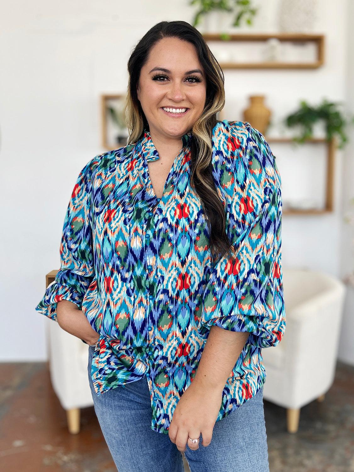 Double Take Full Size Printed Balloon Sleeve Blouse - Clothes For Her Online Store