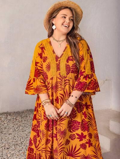 Plus Size Lace Detail Printed V-Neck Maxi Dress - Clothes For Her Online Store