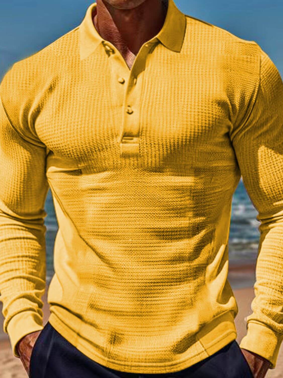 Men's Full Size Waffle-Knit Quarter Button Polo Plus Size