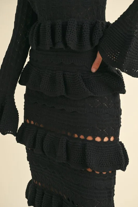 MABLE Long Sleeve Tiered Ruffle Knit Midi Dress