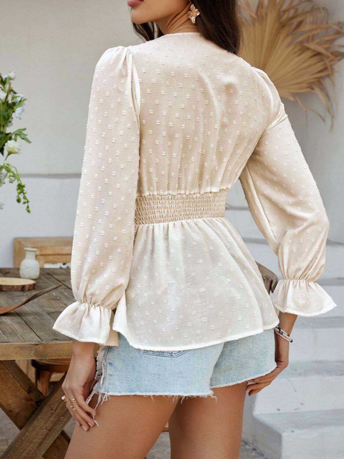 Devine Swiss Dot Lace Detail Surplice Flounce Sleeve Blouse - Clothes For Her Online Store