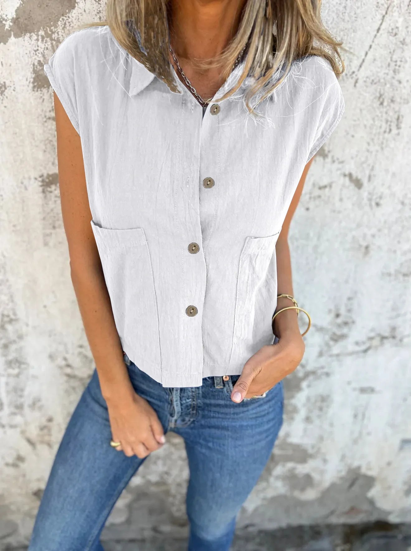 Full Size Button Down Cap Sleeve Linen Shirt Plus Size