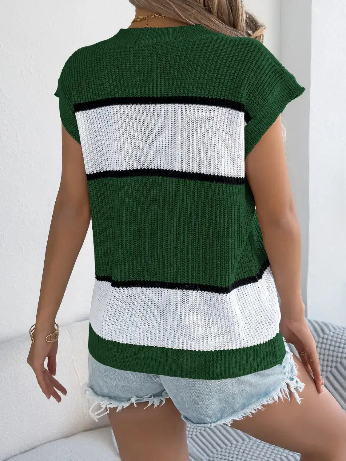 Color Block Round Neck Cap Sleeve Knit Top - Clothes For Her Online Store