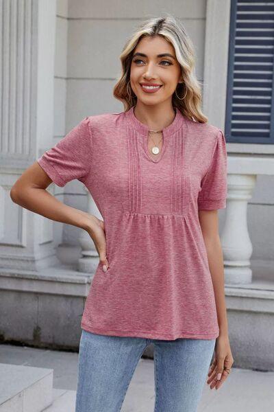 Notched Short Sleeve Solid Color Top - Clothes For Her Online Store