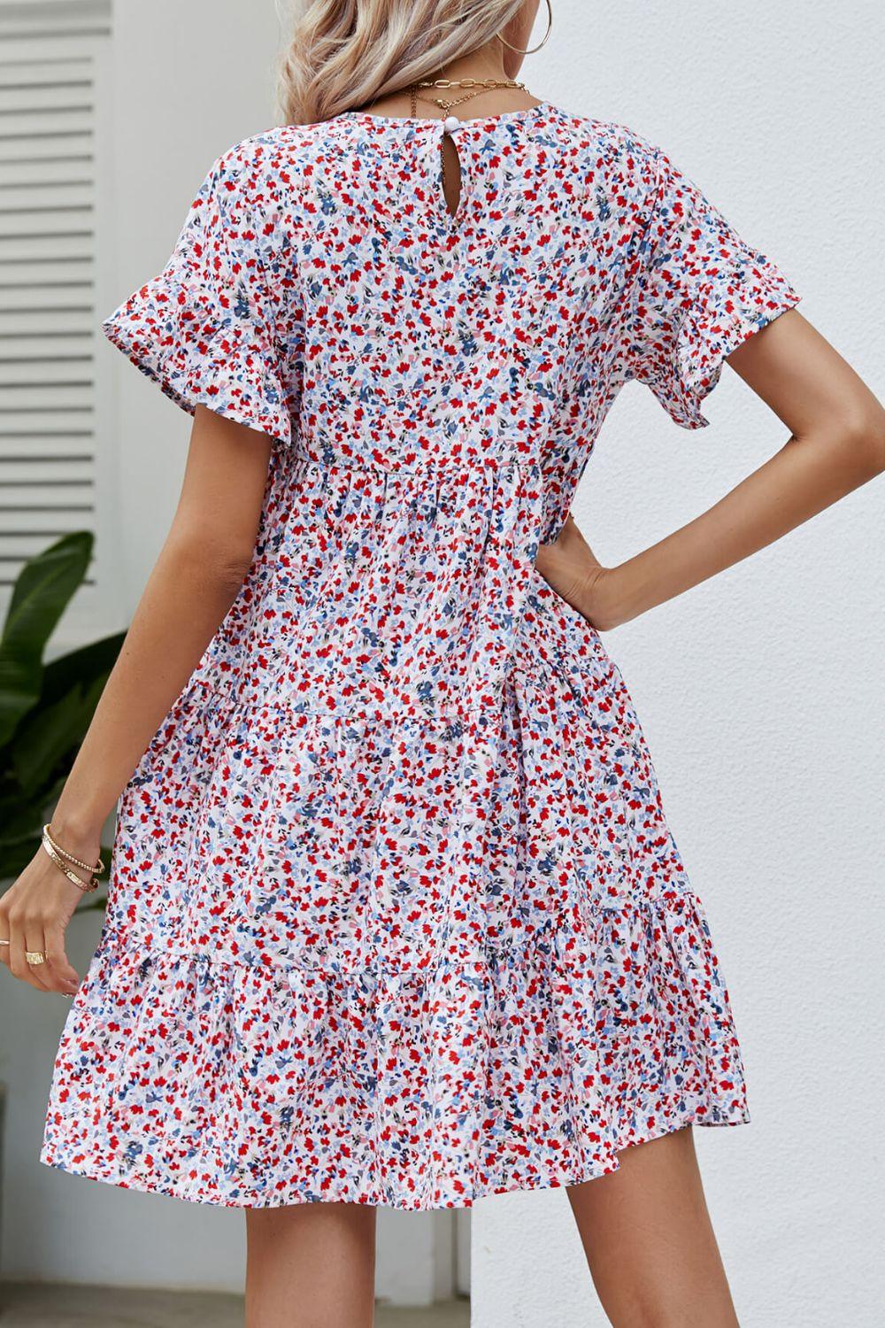 Ditsy Floral Flounce Sleeve Tiered Dress - Clothes For Her Online Store