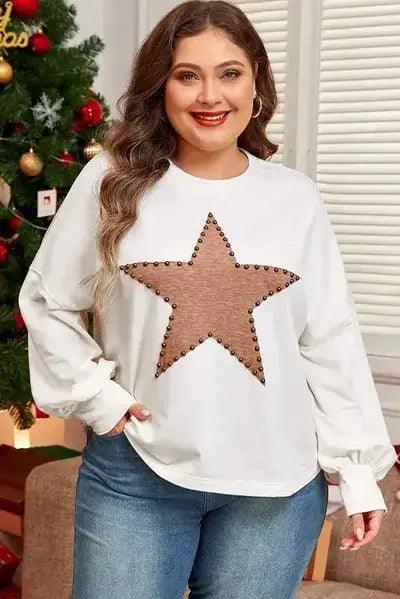 Plus Size Studded Star Round Neck Long Sleeve Blouse - Clothes For Her Online Store