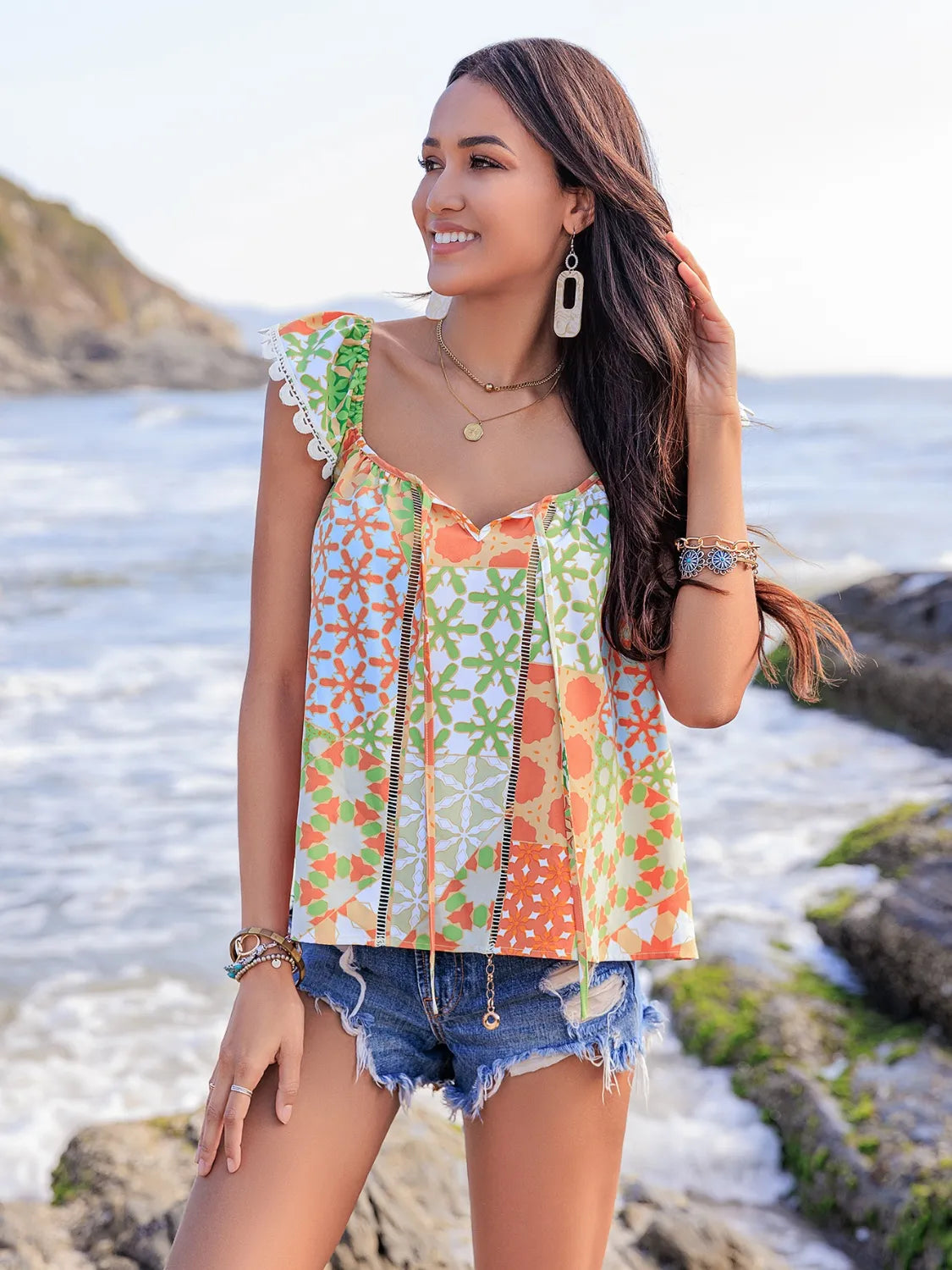 Lace Detail Printed Tie Neck Cap Sleeve Blouse