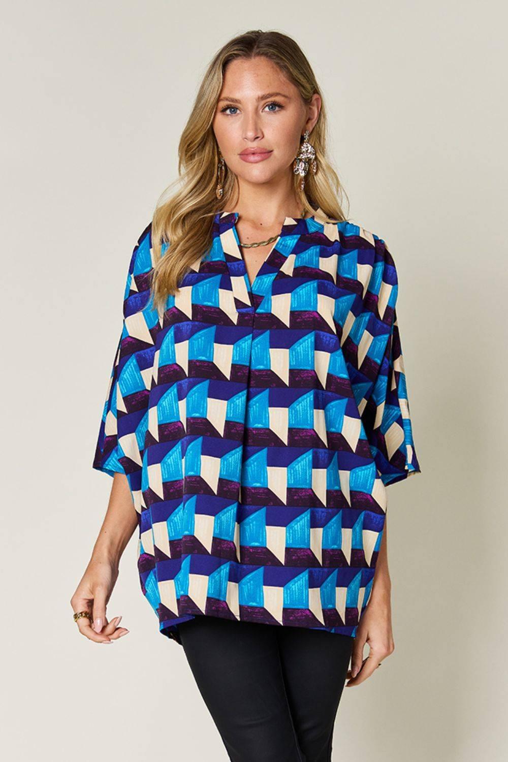 Double Take Full Size Geometric Notched Half Sleeve Blouse - Clothes For Her Online Store