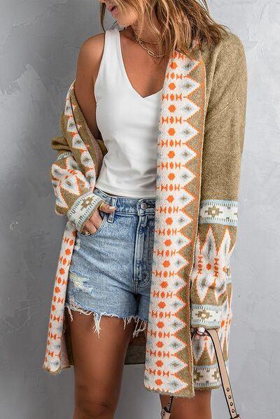 Geometric Open Front Long Sleeve Cardigan - Clothes For Her Online Store