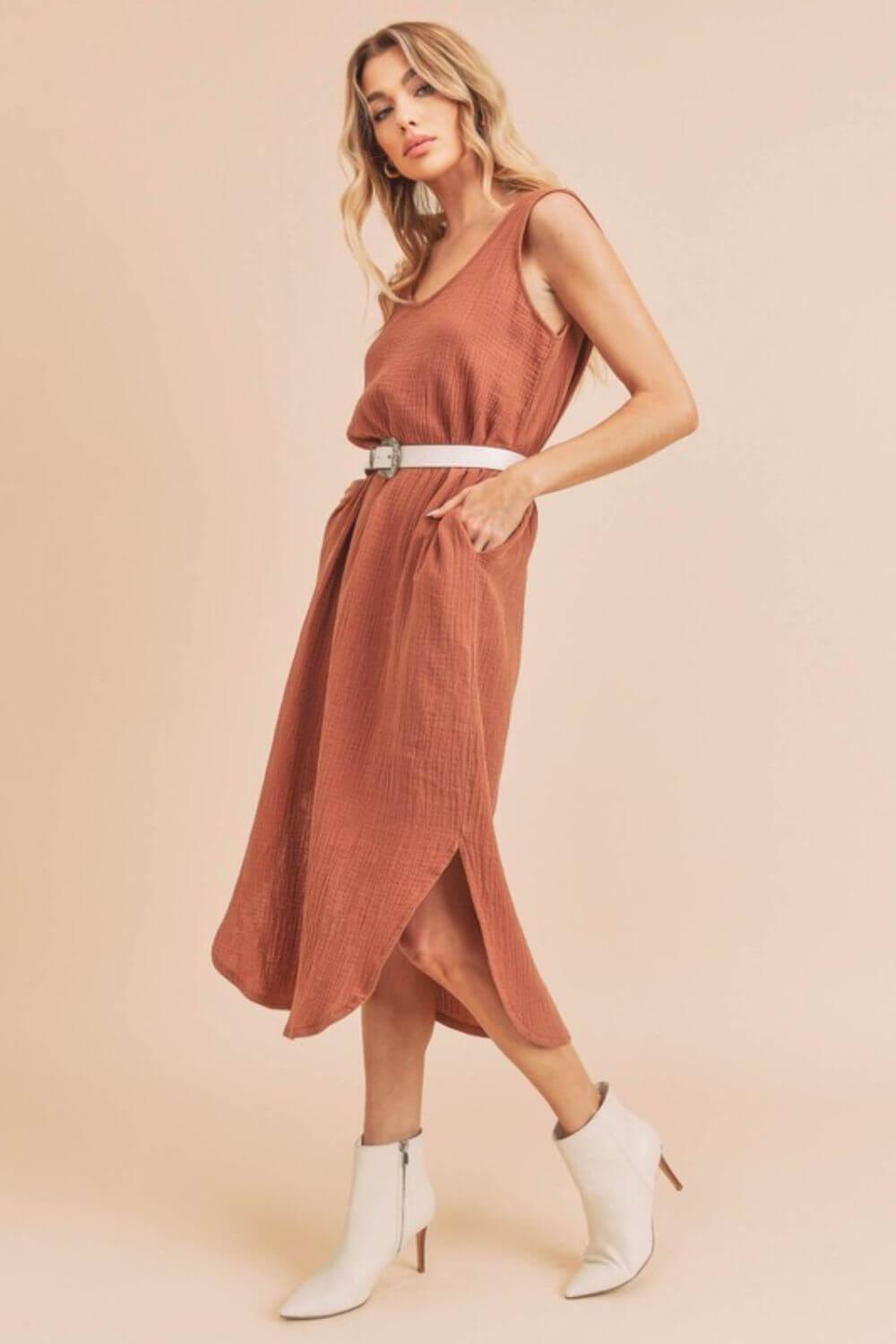 Aemi + Co Round Neck Midi Tank Dress with Pockets - Clothes For Her Online Store