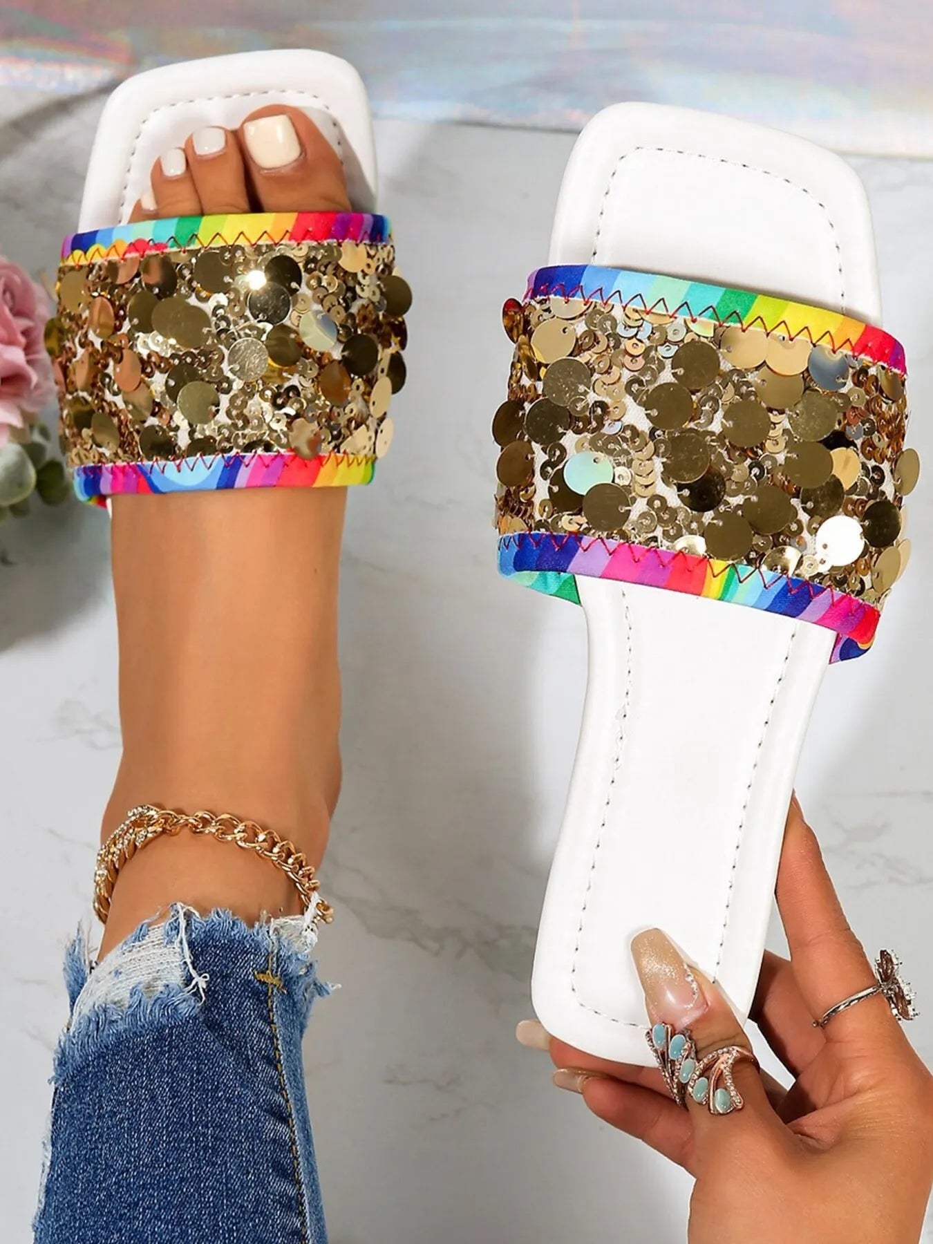 Rainbow Sequin Slide Sandals