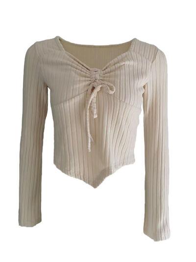 Drawstring Ruched Long Sleeve Ribbed Top - Clothes For Her Online Store