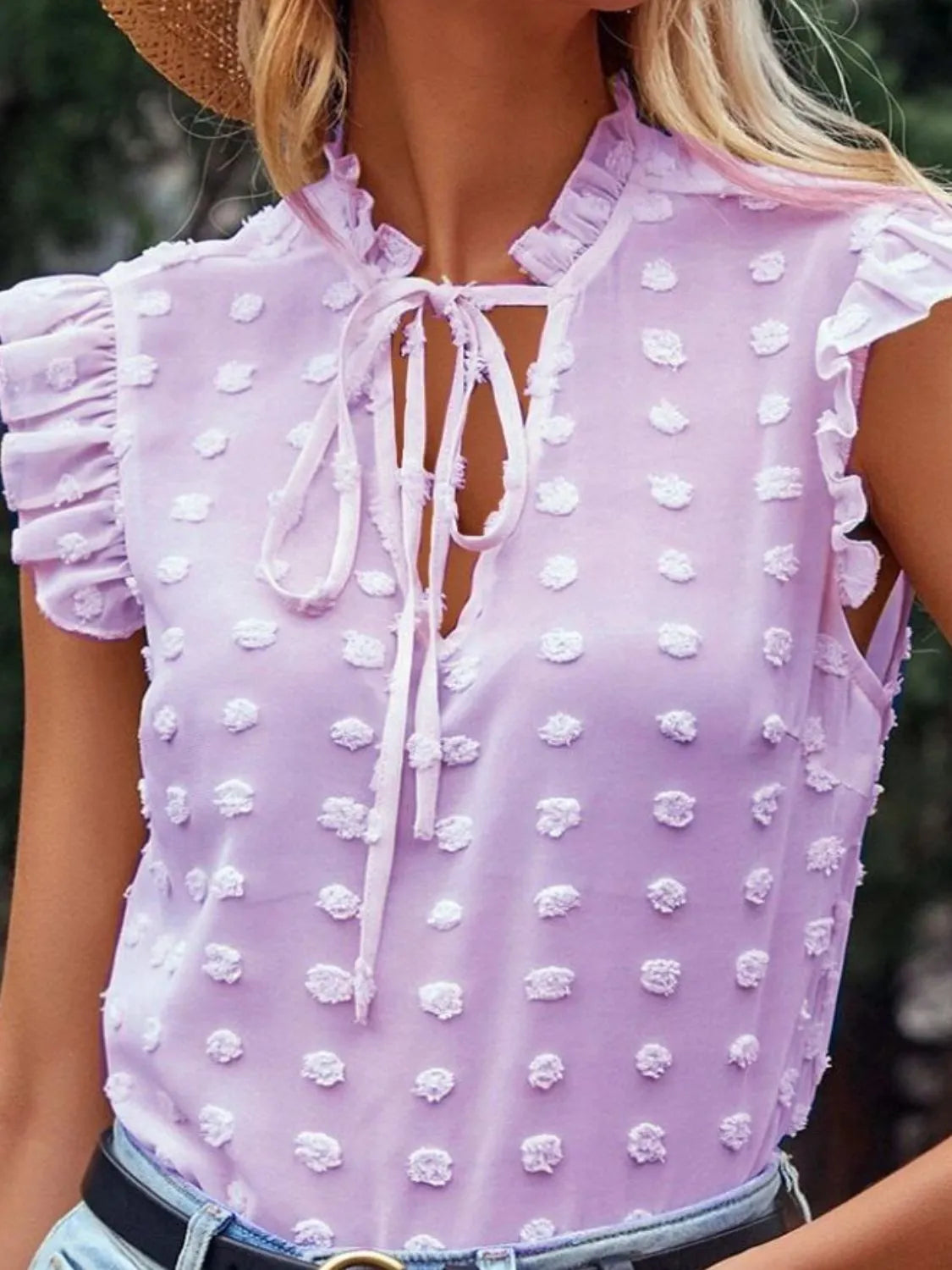 Frill Tie Neck Cap Sleeve Blouse