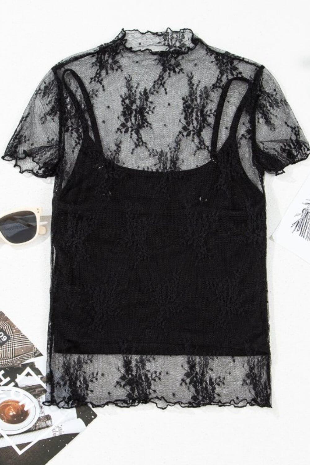 Floral Sheer Mesh Short Sleeve Top and Cami Set - Clothes For Her Online Store
