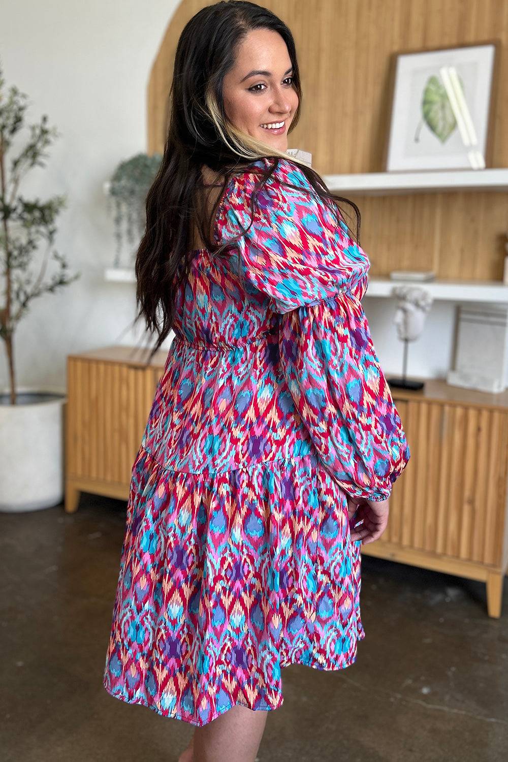 Double Take Full Size Printed Long Sleeve Dress - Clothes For Her Online Store