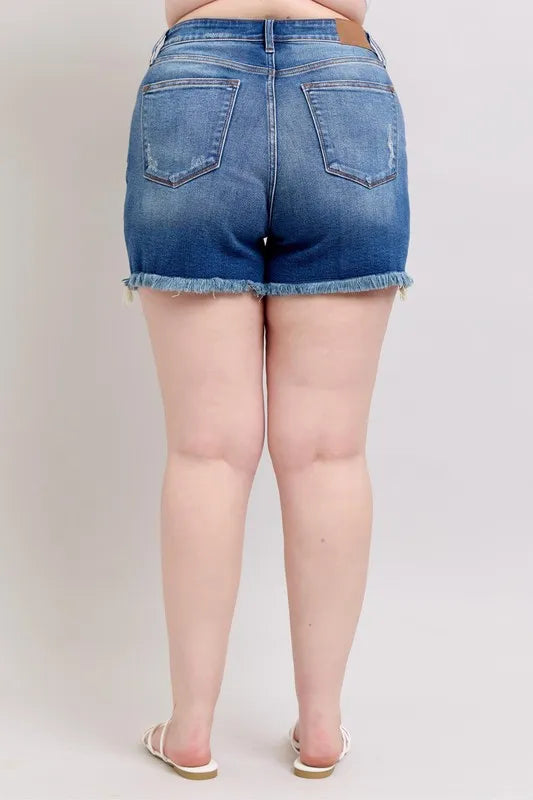 Judy Blue Plus Size 2 Button Dad Shorts with Destrroy