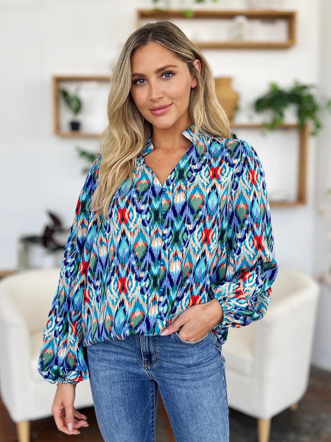 Double Take Full Size Printed Balloon Sleeve Blouse - Clothes For Her Online Store