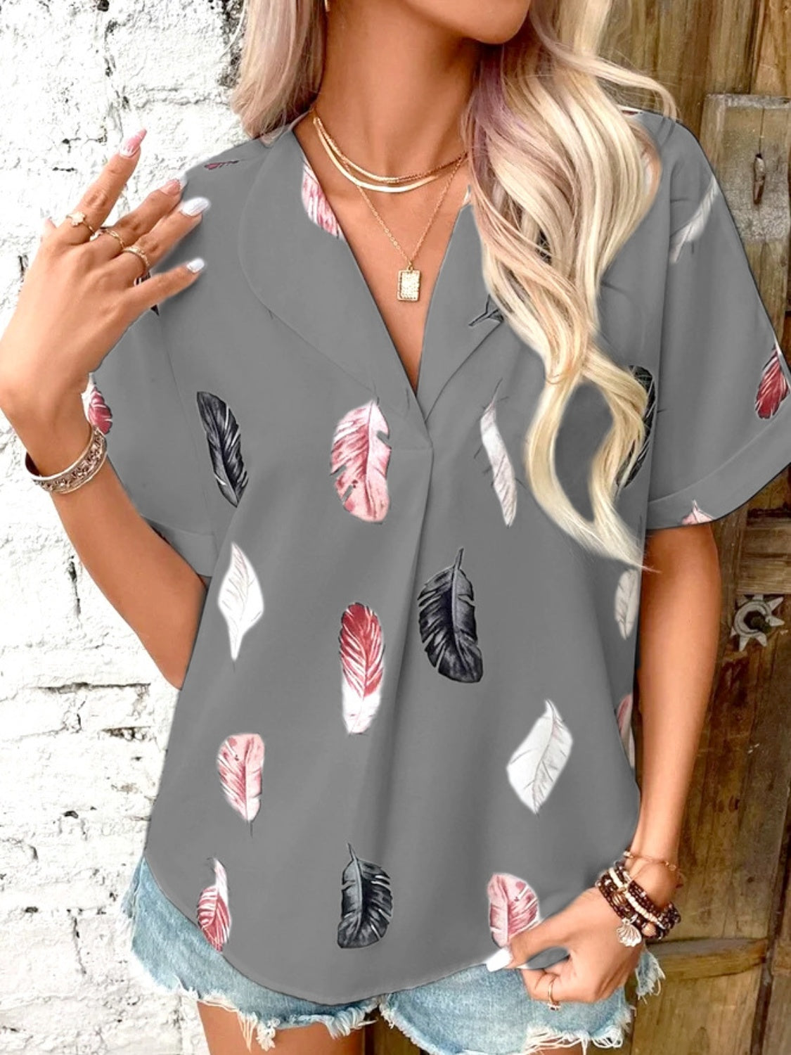 Full Size Printed Collared Neck Short Sleeve Blouse - Clothes For Her Online Store