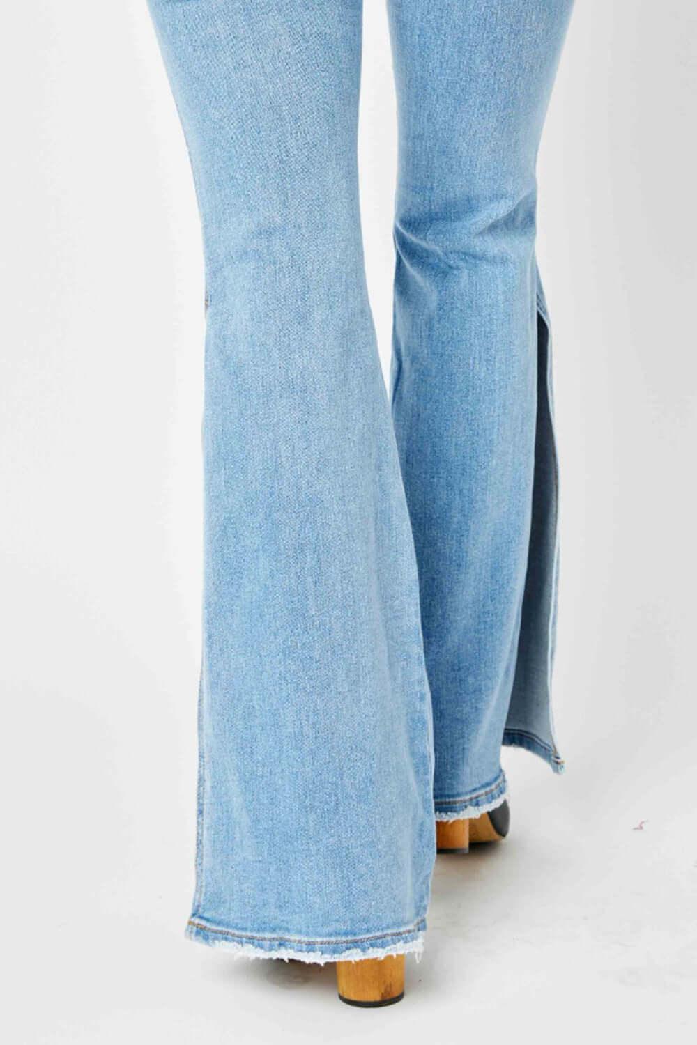 Judy Blue Full Size Mid Rise Raw Hem Slit Flare Jeans - Clothes For Her Online Store
