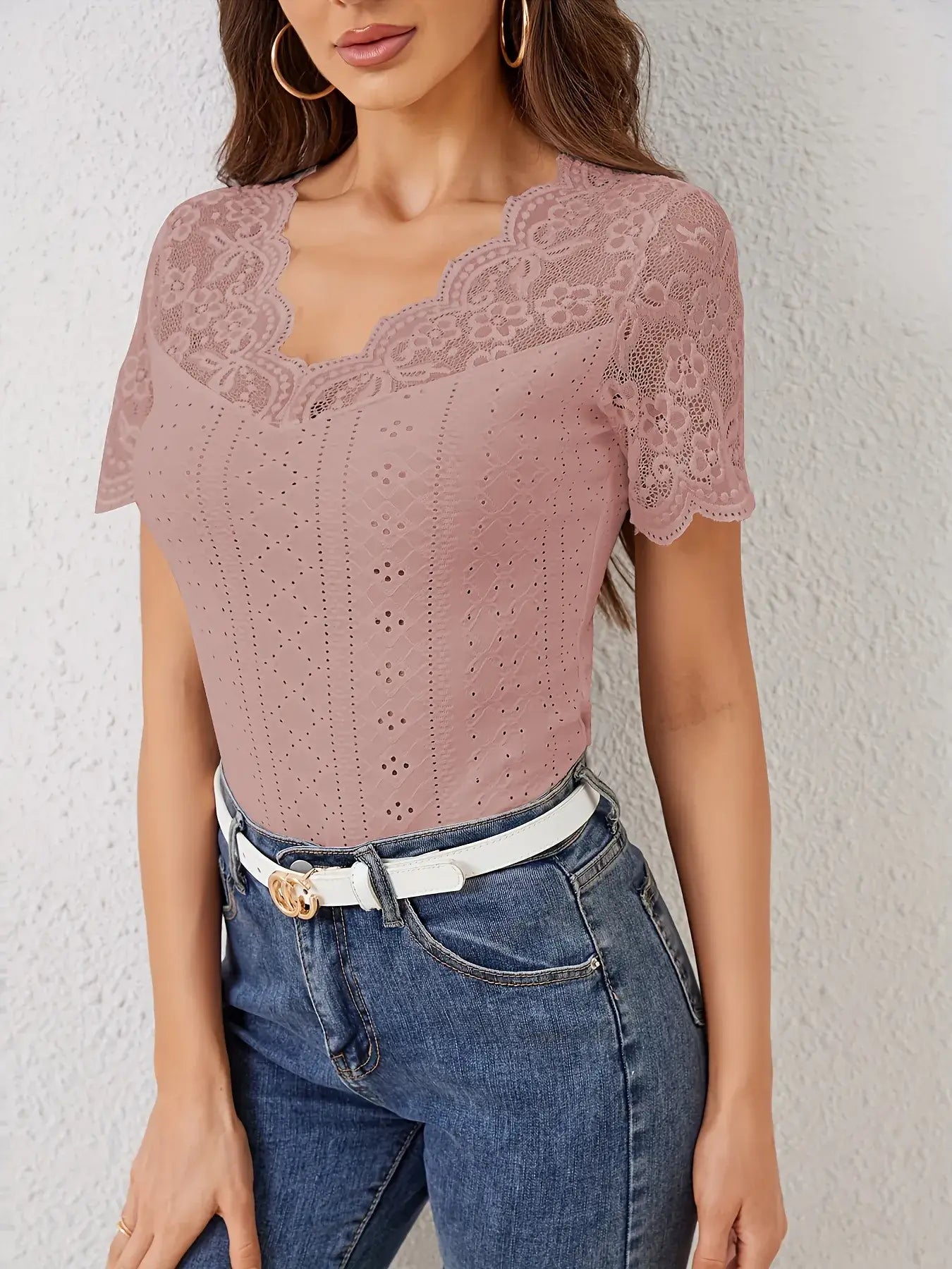 Lace Trim Eyelet Embroidered Summer T-Shirt