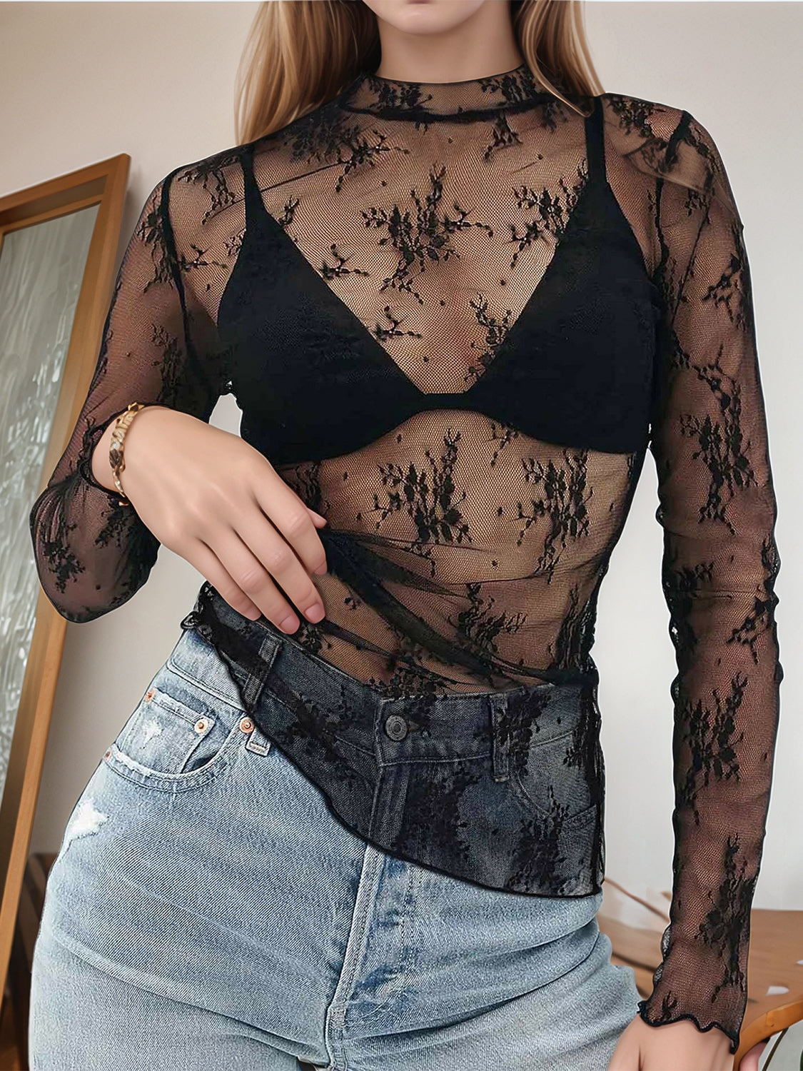 Floral Mock Neck Long Sleeve Mesh Top - Clothes For Her Online Store