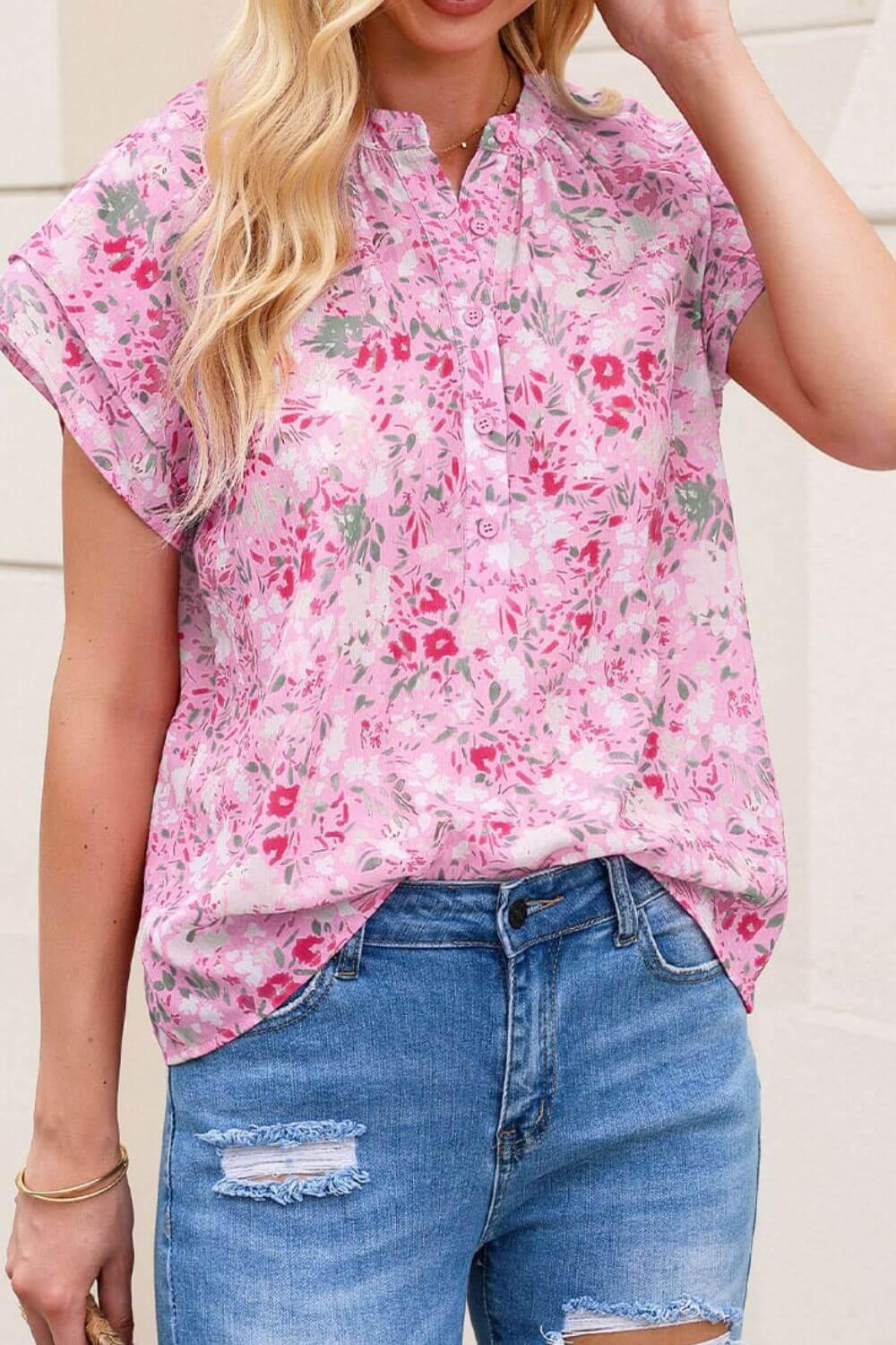 Floral Half Button Round Neck Short Sleeve Blouse - Clothes For Her Online Store