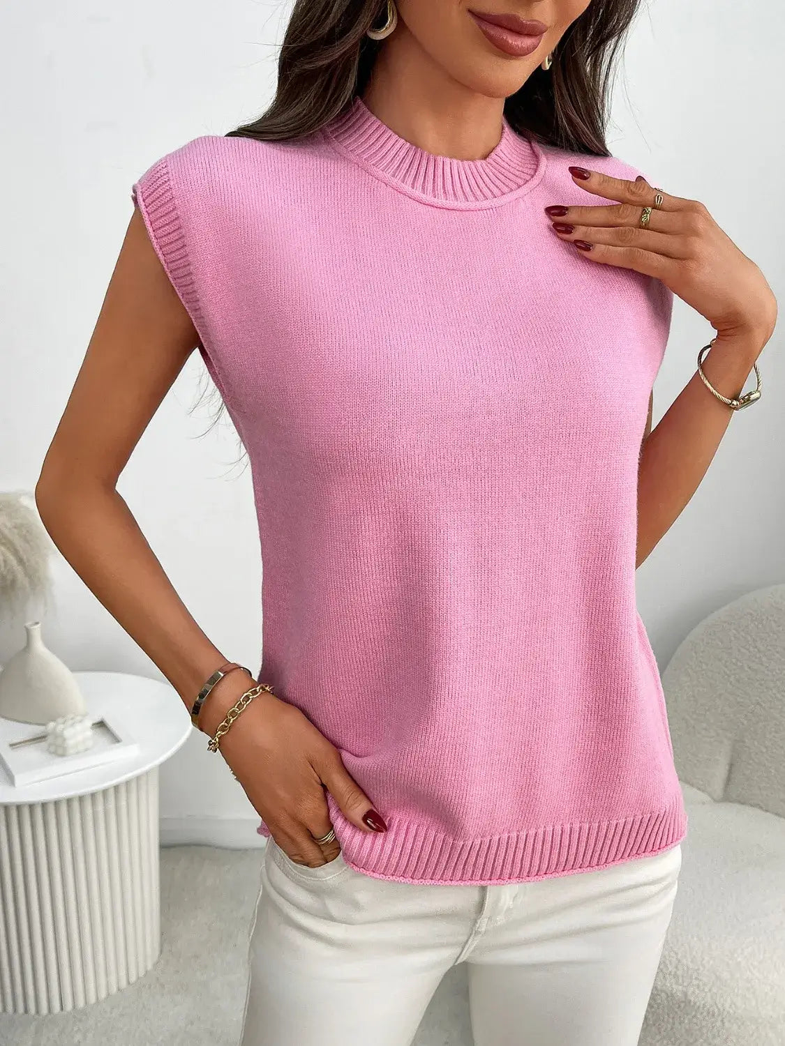 Mock Neck Cap Sleeve Knit Top