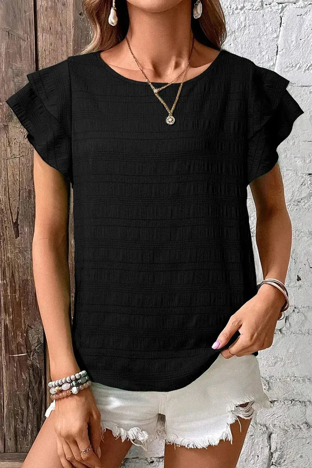 Round Neck Ruffled Layered Short Sleeve Blouse