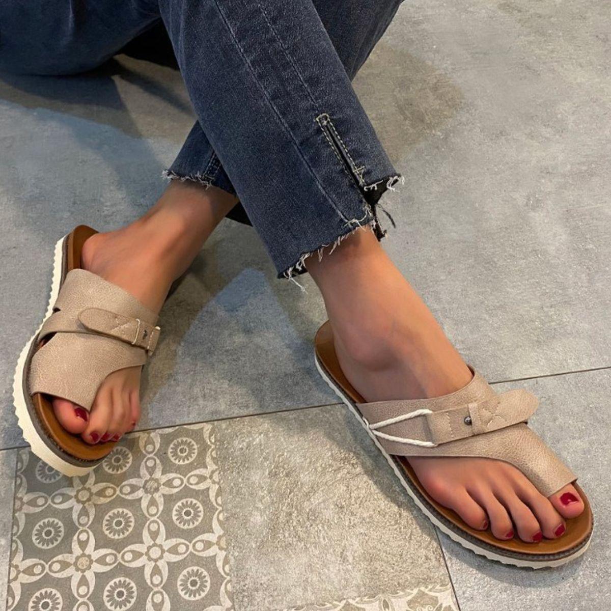 Toe Loop PU Leather Flat Sandals - Clothes For Her Online Store
