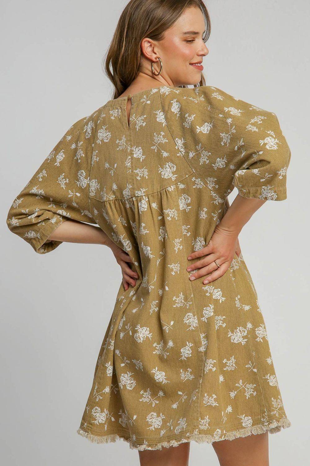 Umgee Raw Hem Floral Print Round Neck Denim Dress - Clothes For Her Online Store