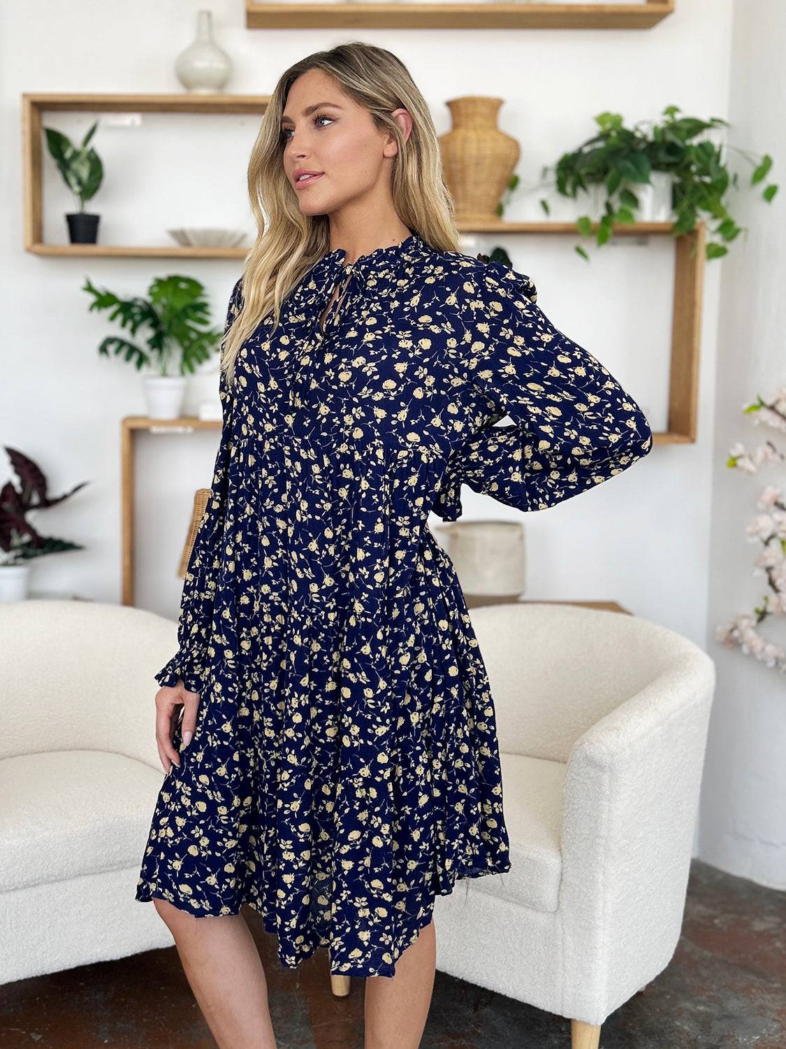 Double Take Full Size Printed Ruffle Hem Long Sleeve Tiered Dress - Clothes For Her Online Store