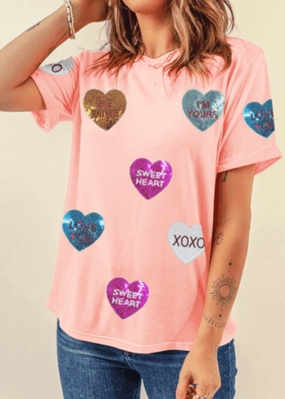 Valentine’s Day Sequin Heart Round Neck Short Sleeve T-Shirt - Clothes For Her Online Store