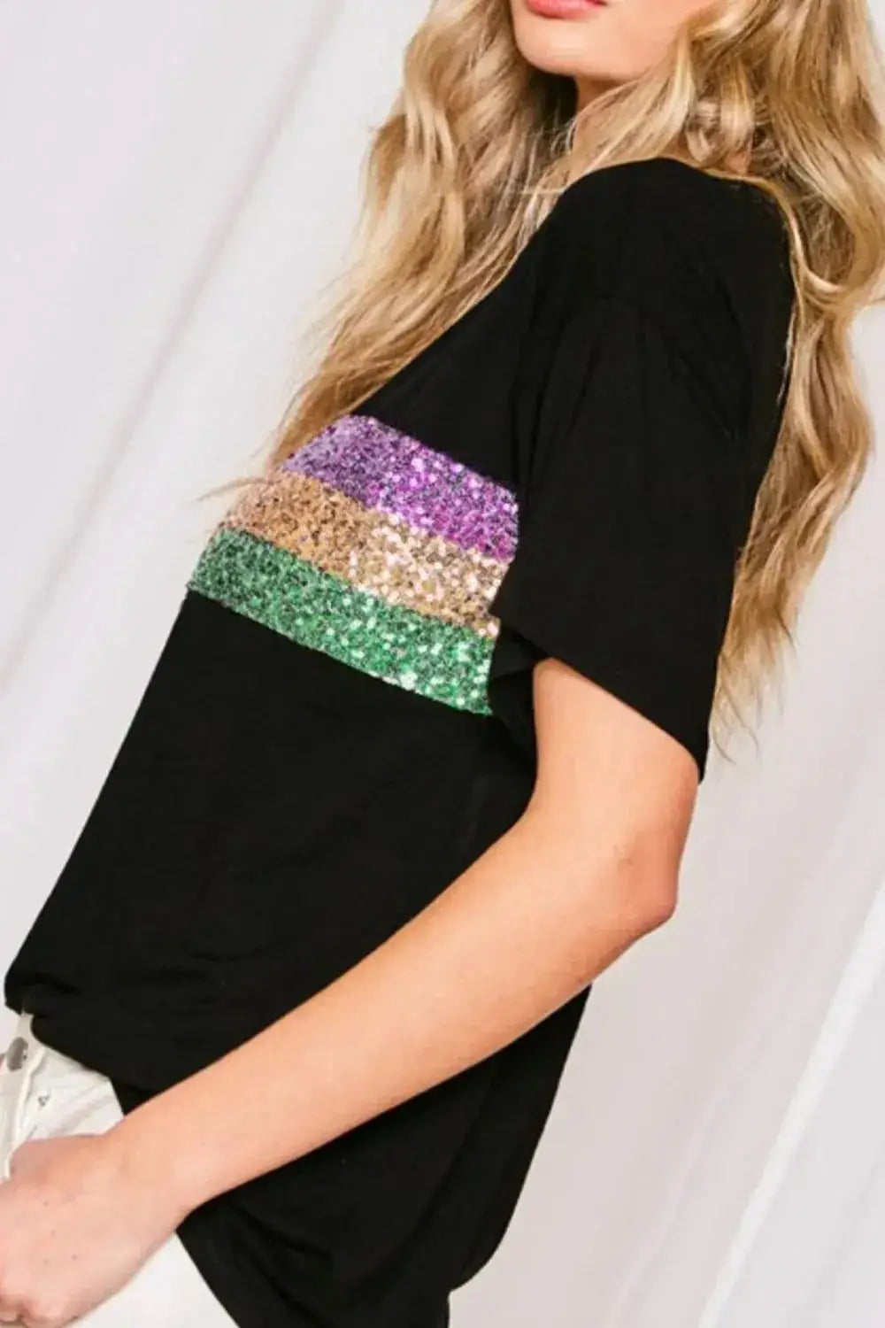 Sequin Stripes Crew Neck T Shirt - Clothes For Her Online Store