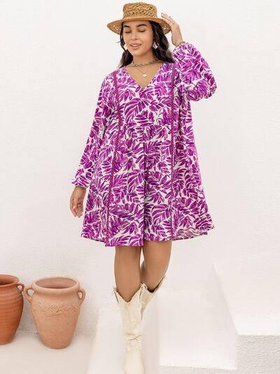 Plus Size Printed V-Neck Balloon Sleeve Mini Dress - Clothes For Her Online Store