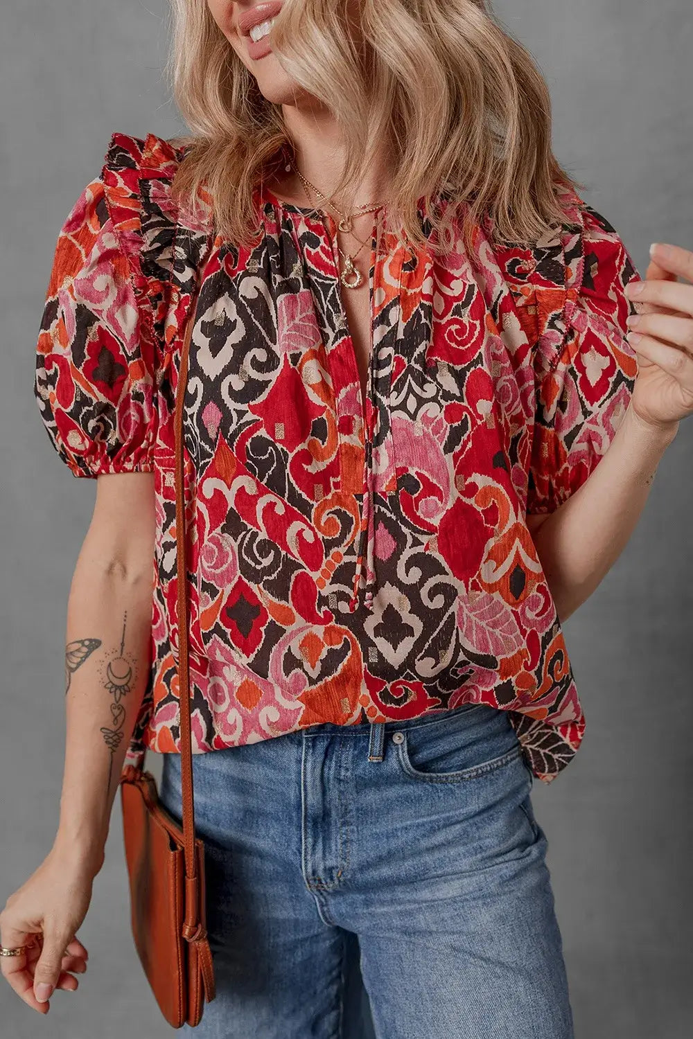 Ethnic Print Split Neck Short Puff Sleeve Blouse