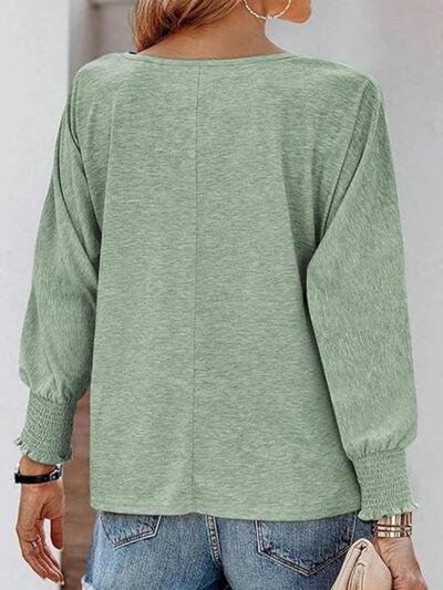 Round Neck Smocked Lantern Sleeve T-Shirt - Clothes For Her Online Store