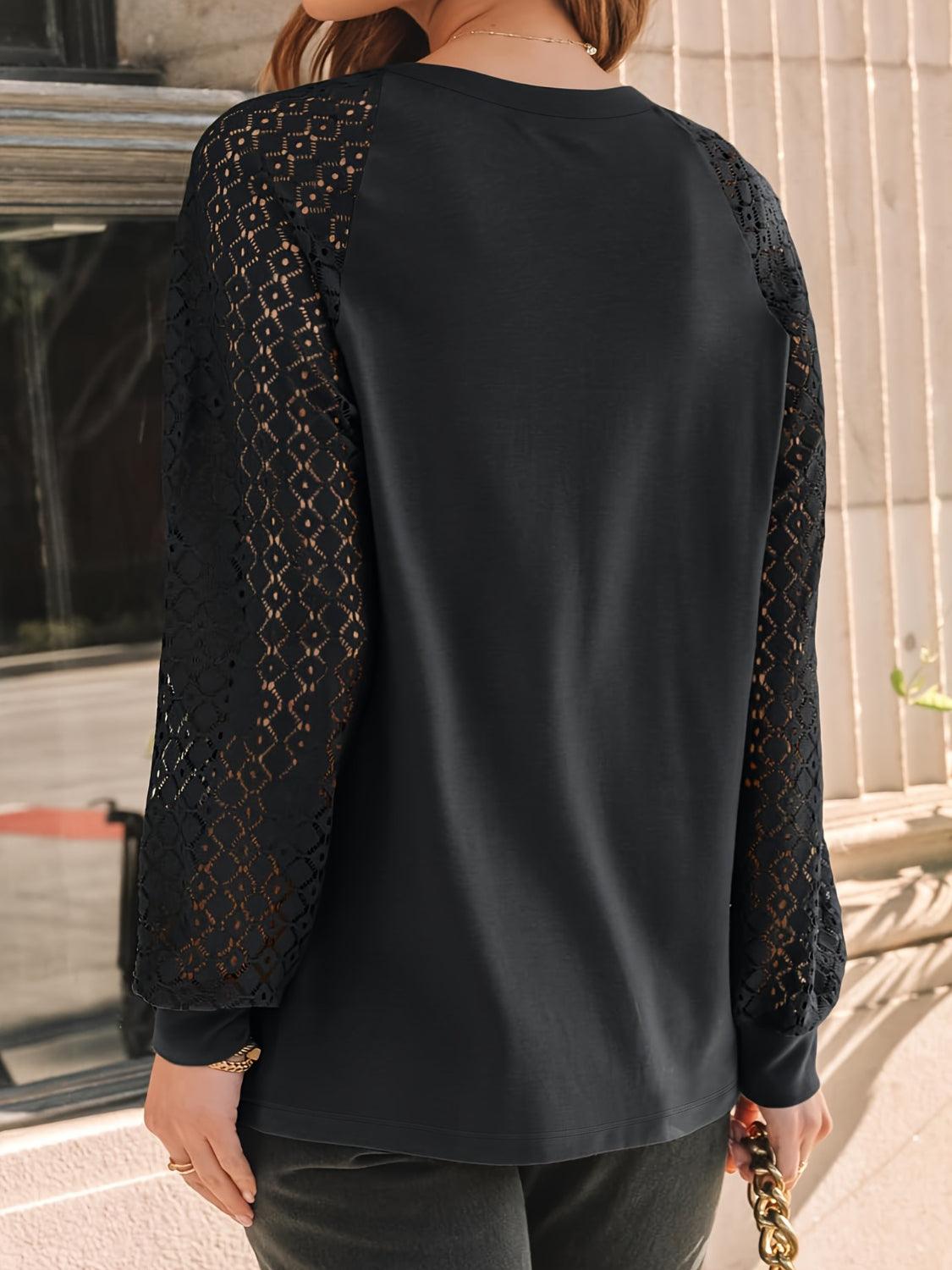 Eyelet Round Neck Long Sleeve Blouse - Clothes For Her Online Store