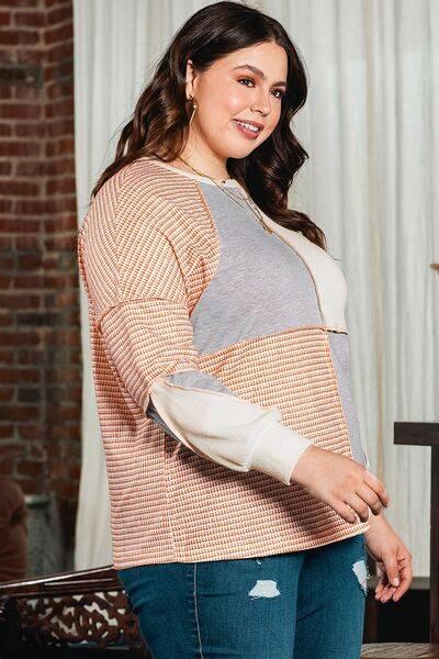 Plus Size Exposed Seam Color Block Round Neck Sweatshirt - Clothes For Her Online Store