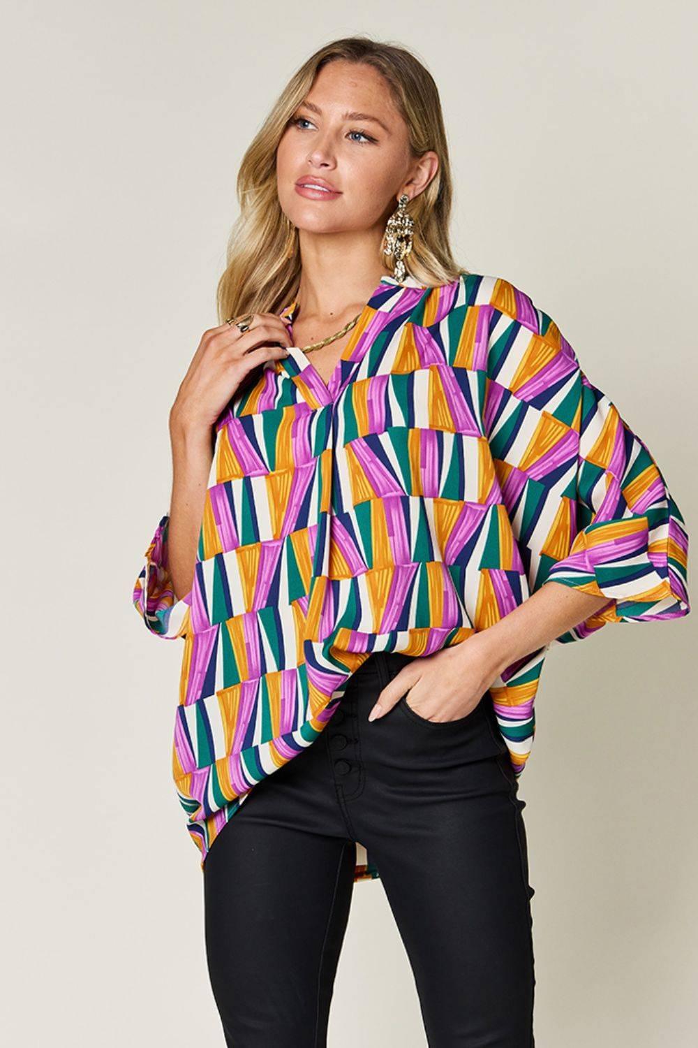 Double Take Full Size Geometric Notched Dolman Sleeve Top - Clothes For Her Online Store
