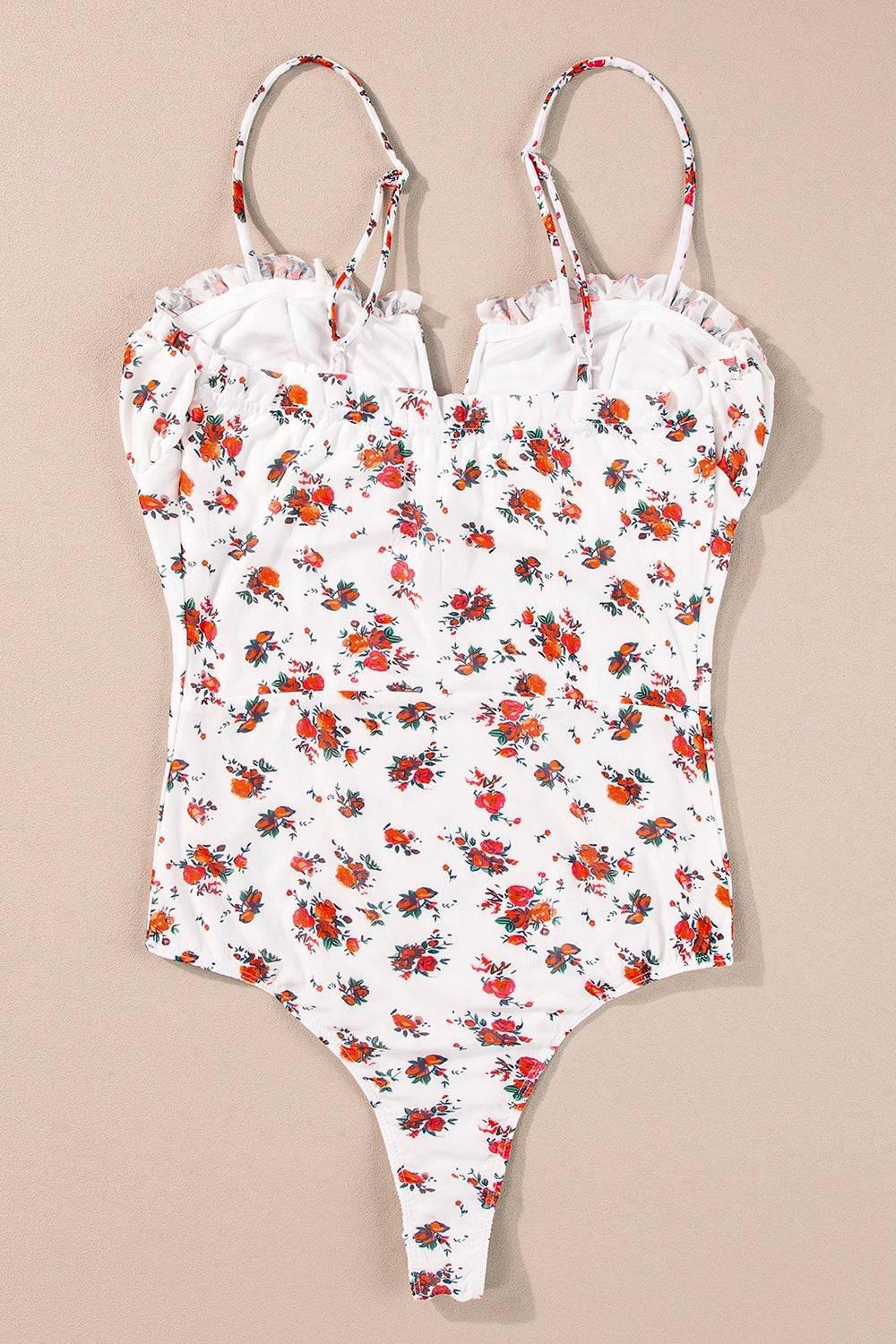 Floral Frilled Trim Spaghetti Straps Bodysuit - Clothes For Her Online Store