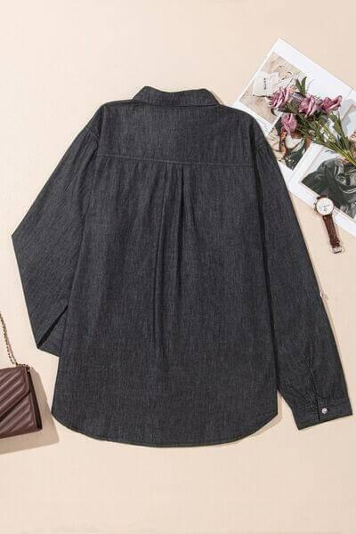 Pocketed Collared Neck Long Sleeve Denim Top - Clothes For Her Online Store