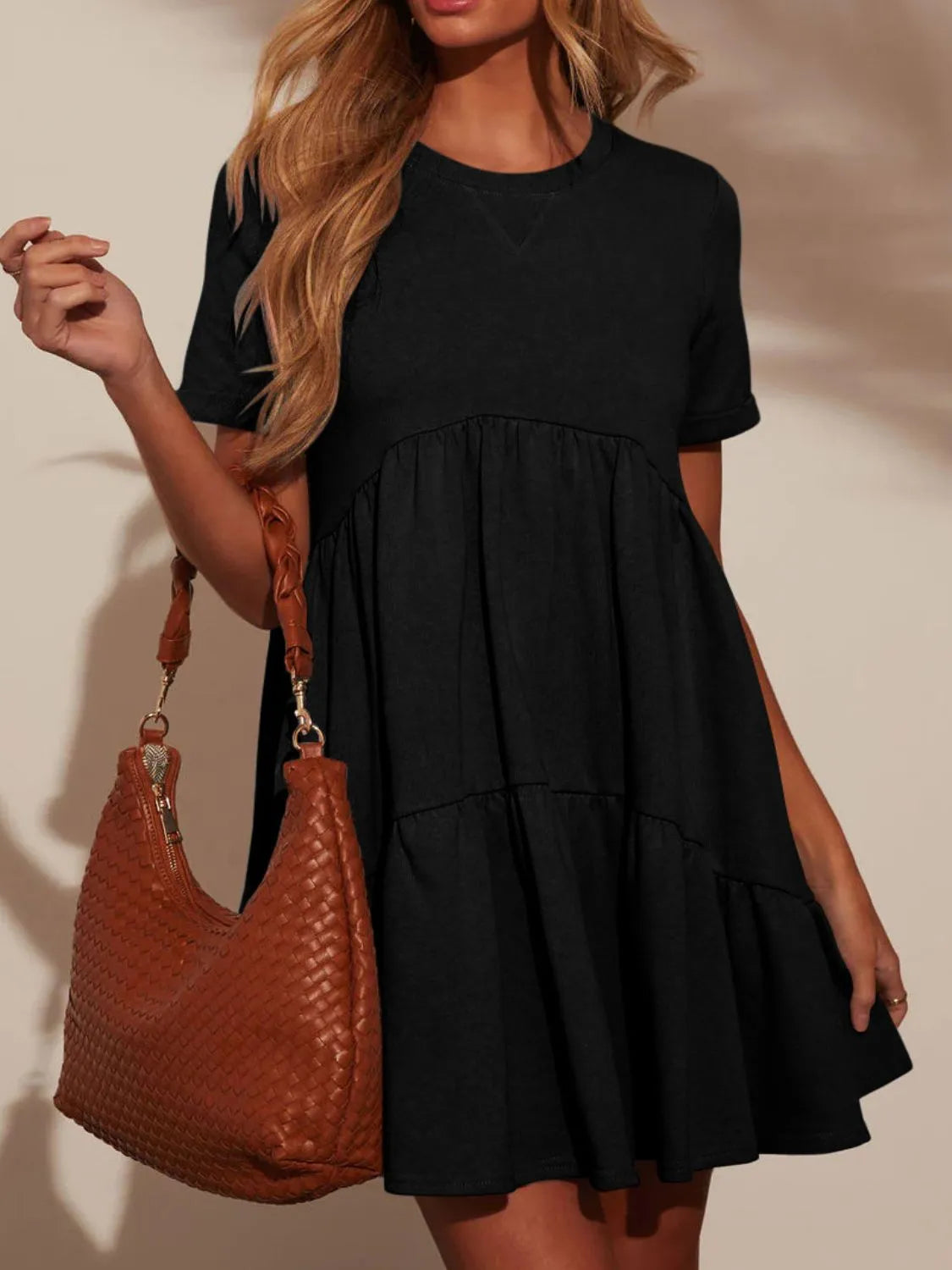 Tiered Round Neck Short Sleeve Mini Dress