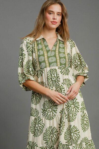 Umgee Full Size Border Print Tiered Midi Dress Plus Size - Clothes For Her Online Store