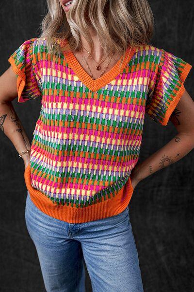 Contrast Striped V-Neck Knit Top - Clothes For Her Online Store
