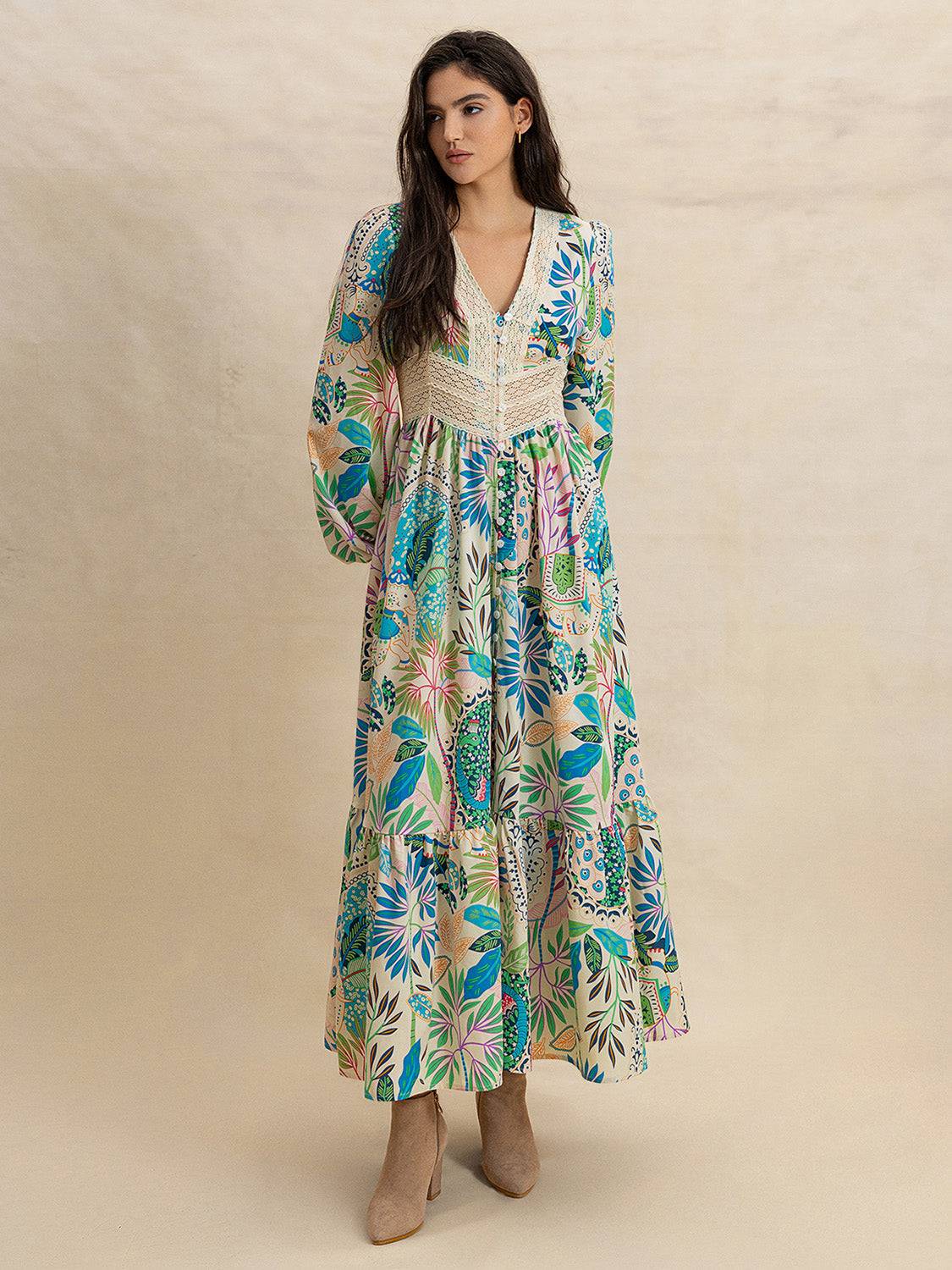 Slit Printed V-Neck Long Sleeve Midi Dress - Clothes For Her Online Store