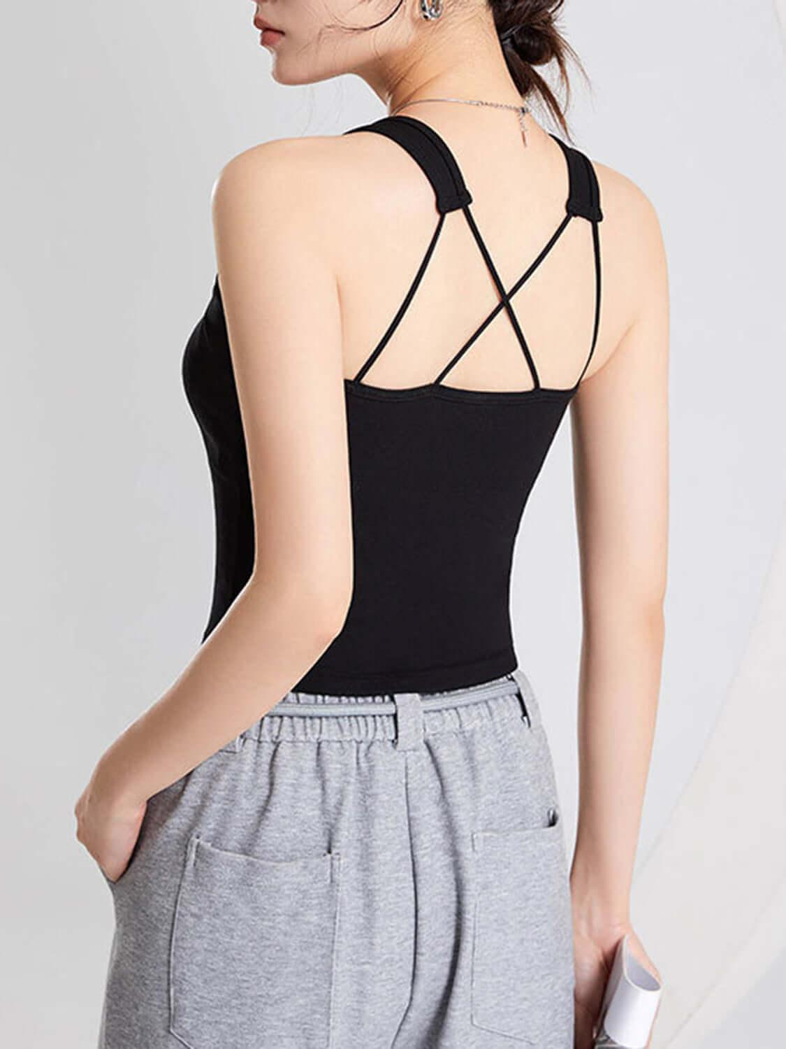 Crisscross Scoop Neck Wide Strap Cropped Tank with Chest Pads - Clothes For Her Online Store